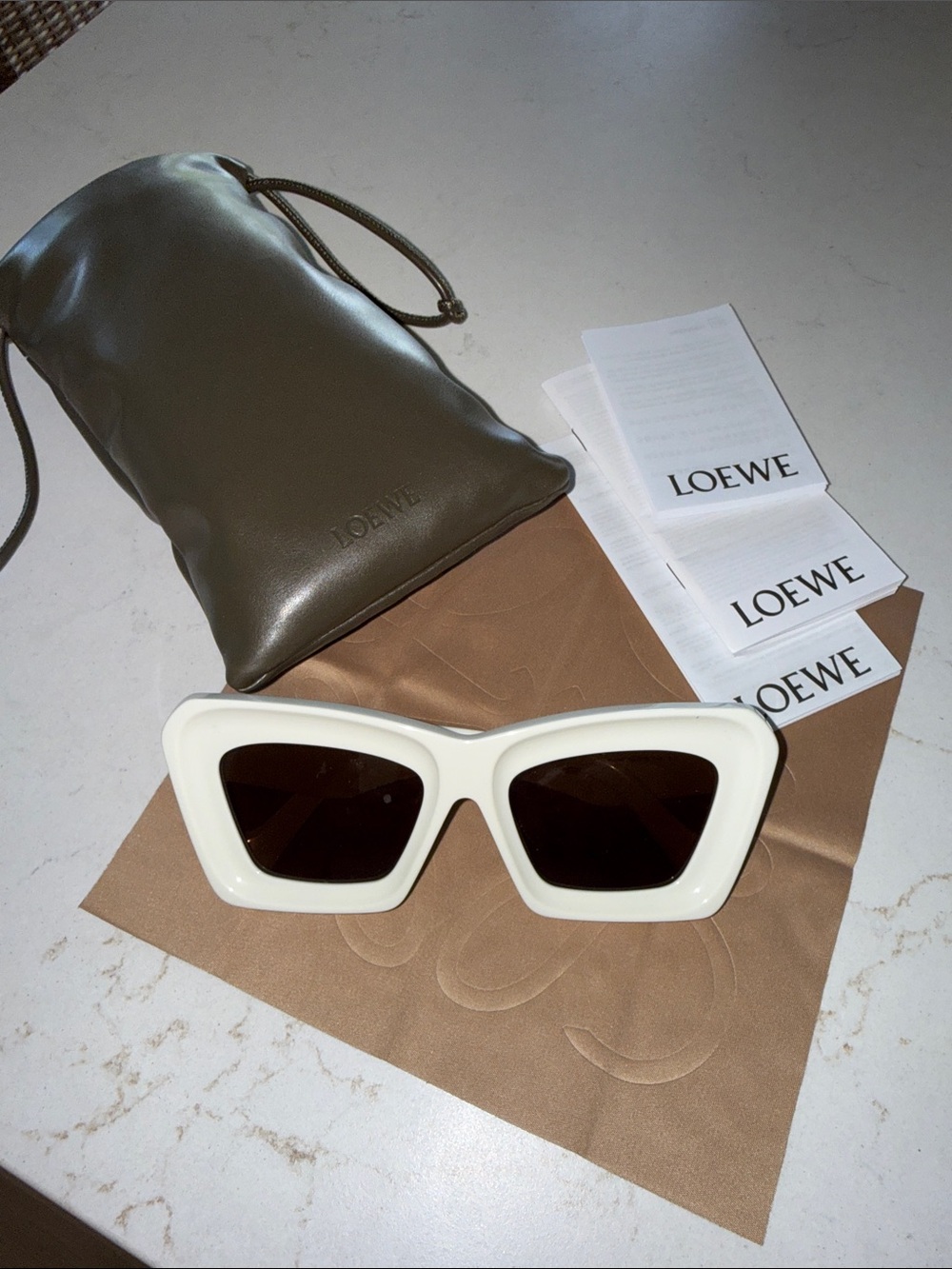 Loewe White Geometric Cat-Eye Sunglasses with Dark Brown Lenses